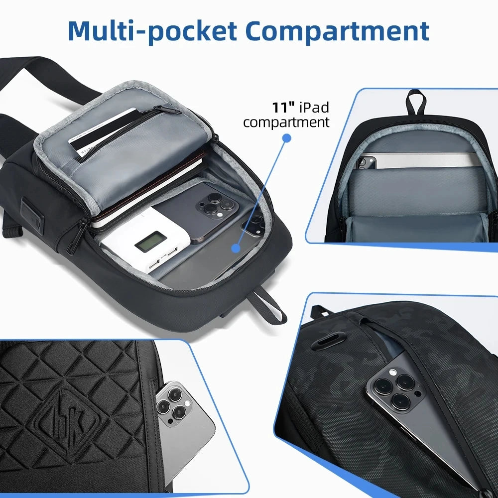 Fashion Camou Men Cycling Chest Bag Fit 11” iPad USB Charging Travel Shoulder Bag Waterproof Running Crossbody Bag