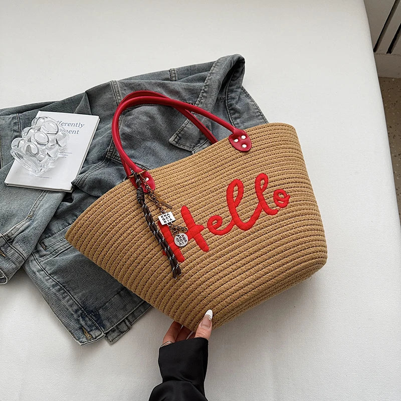 Simple Fashion Big Tote Bags For Women Cotton Fabric Woven Design Letter Embroidered Luxury Large Capacity Shopper Shoulder Bag