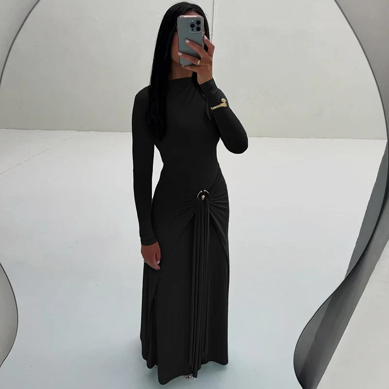Long Sleeve Ruched Sexy Maxi Dress Women Gown Fashion Draped Bodycon Long Dresses Female Solid Clothing