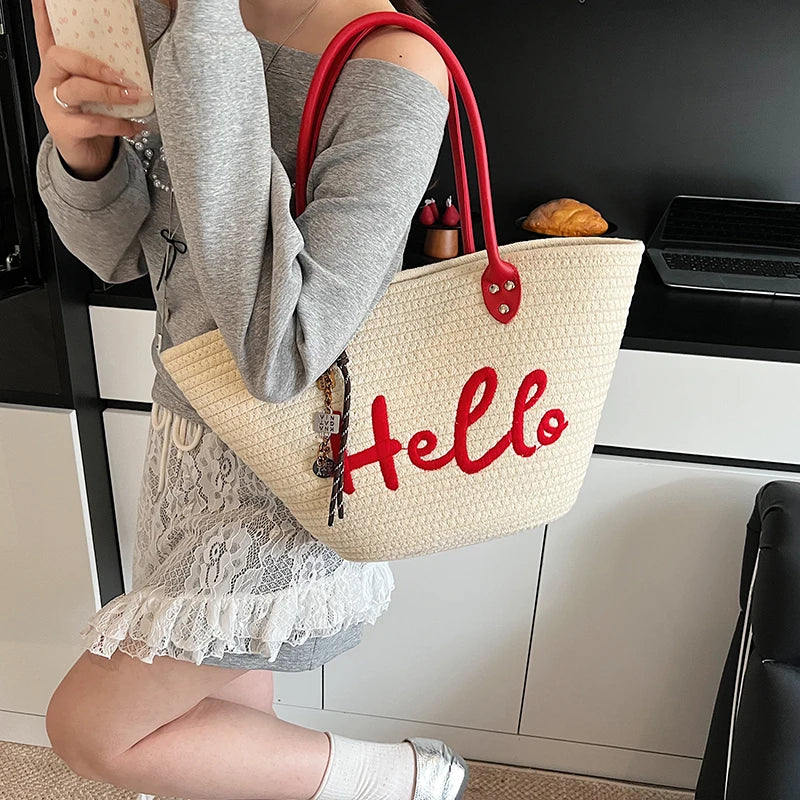 Simple Fashion Big Tote Bags For Women Cotton Fabric Woven Design Letter Embroidered Luxury Large Capacity Shopper Shoulder Bag