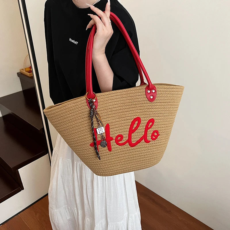 Simple Fashion Big Tote Bags For Women Cotton Fabric Woven Design Letter Embroidered Luxury Large Capacity Shopper Shoulder Bag