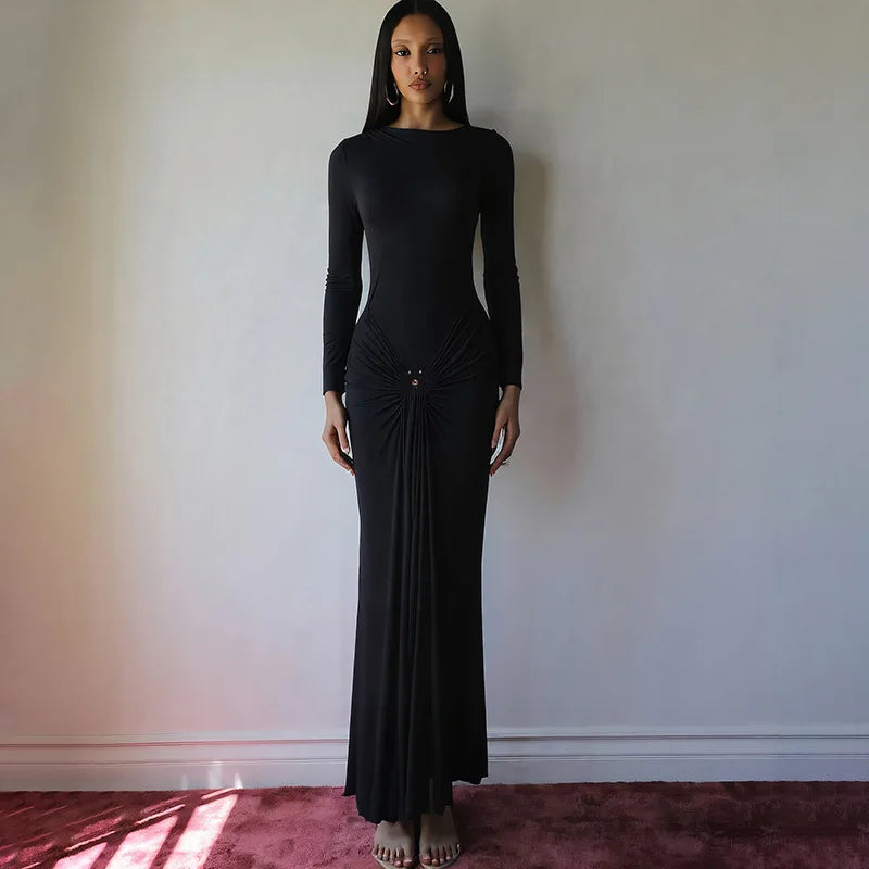 Long Sleeve Ruched Sexy Maxi Dress Women Gown Fashion Draped Bodycon Long Dresses Female Solid Clothing