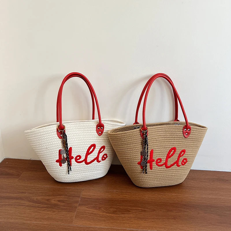 Simple Fashion Big Tote Bags For Women Cotton Fabric Woven Design Letter Embroidered Luxury Large Capacity Shopper Shoulder Bag