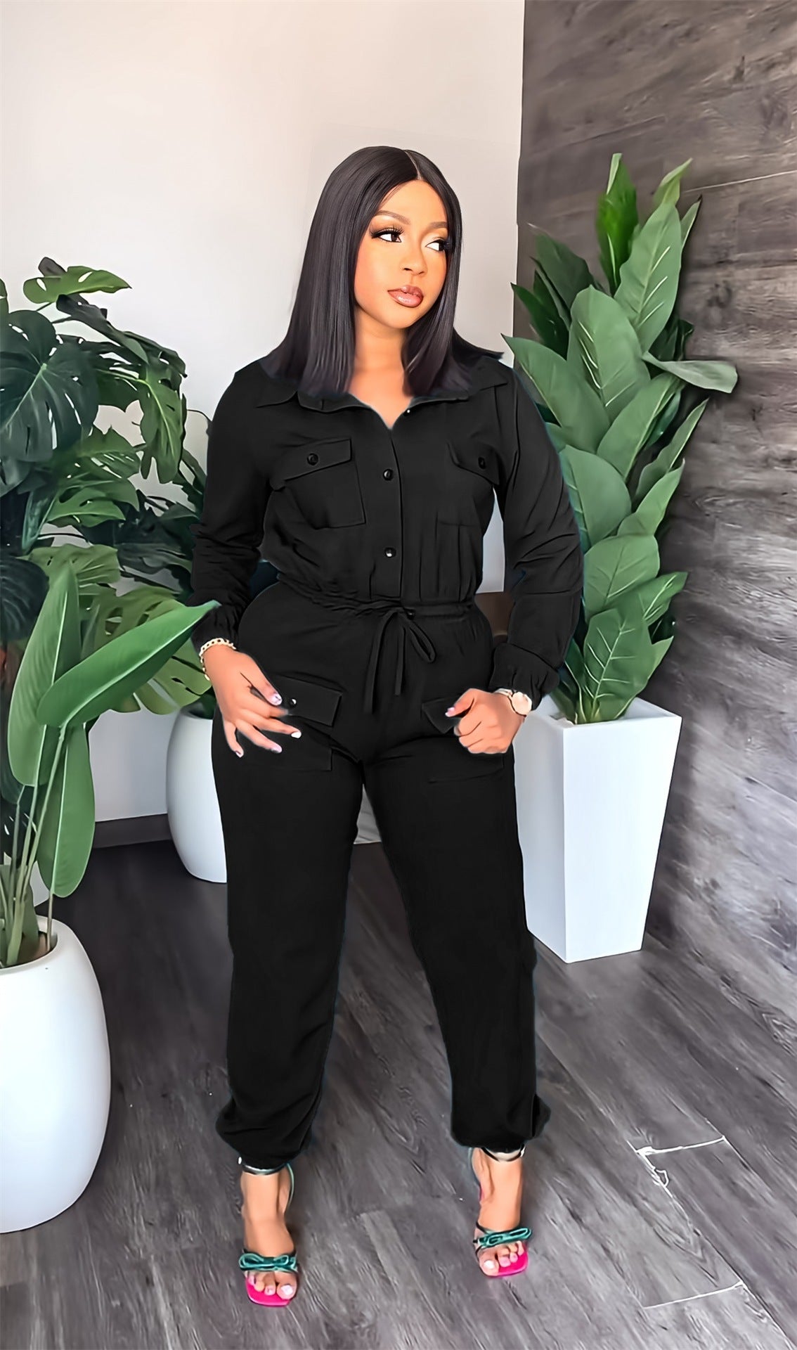 Single Breasted Turn-down Neck Long Sleeve Jumpsuit Streetwear