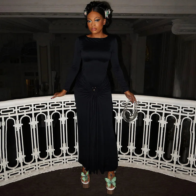 Long Sleeve Ruched Sexy Maxi Dress Women Gown Fashion Draped Bodycon Long Dresses Female Solid Clothing
