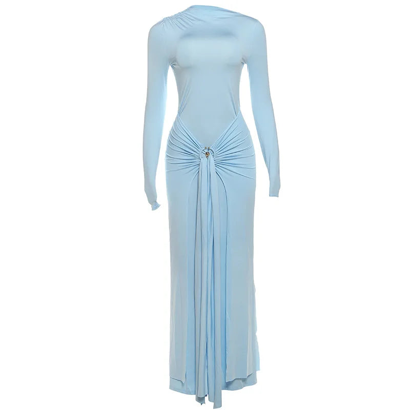 Long Sleeve Ruched Sexy Maxi Dress Women Gown Fashion Draped Bodycon Long Dresses Female Solid Clothing