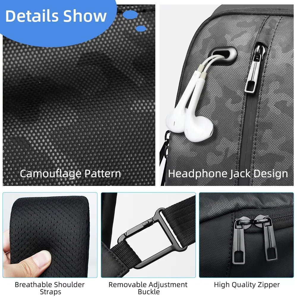 Fashion Camou Men Cycling Chest Bag Fit 11” iPad USB Charging Travel Shoulder Bag Waterproof Running Crossbody Bag
