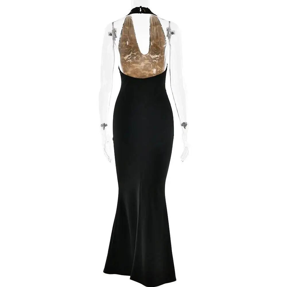 Women Maxi Dress Black Deep V-neck Ruched Autumn Skinny Elegant Party Evening Dress