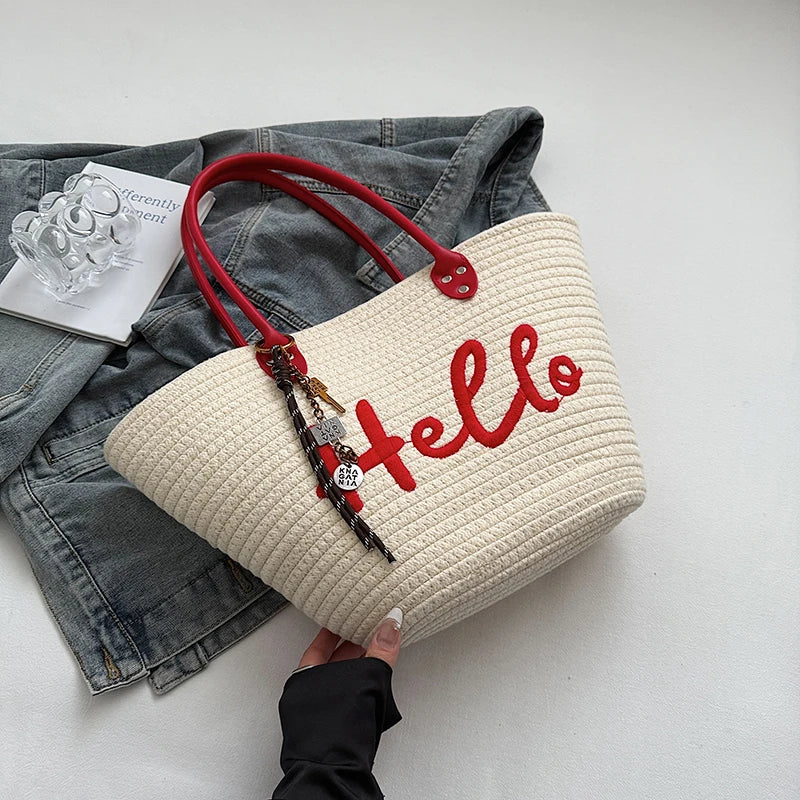 Simple Fashion Big Tote Bags For Women Cotton Fabric Woven Design Letter Embroidered Luxury Large Capacity Shopper Shoulder Bag