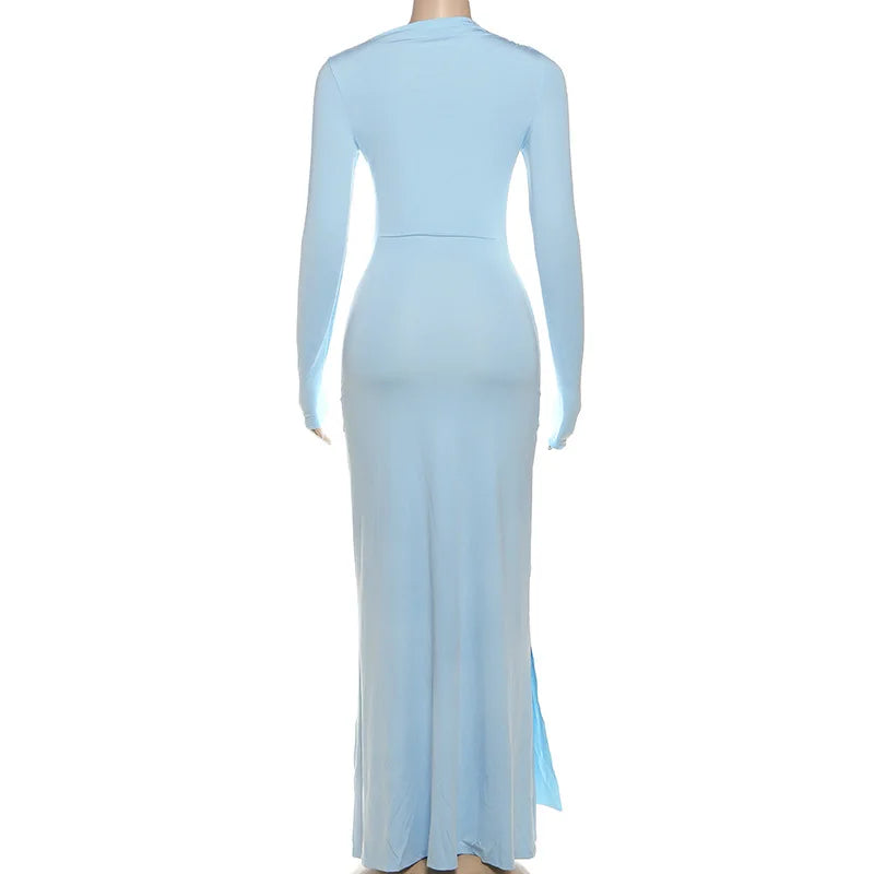 Long Sleeve Ruched Sexy Maxi Dress Women Gown Fashion Draped Bodycon Long Dresses Female Solid Clothing