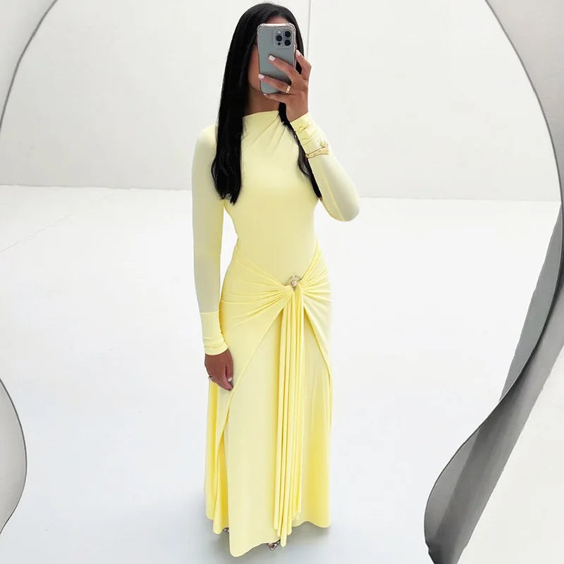 Long Sleeve Ruched Sexy Maxi Dress Women Gown Fashion Draped Bodycon Long Dresses Female Solid Clothing