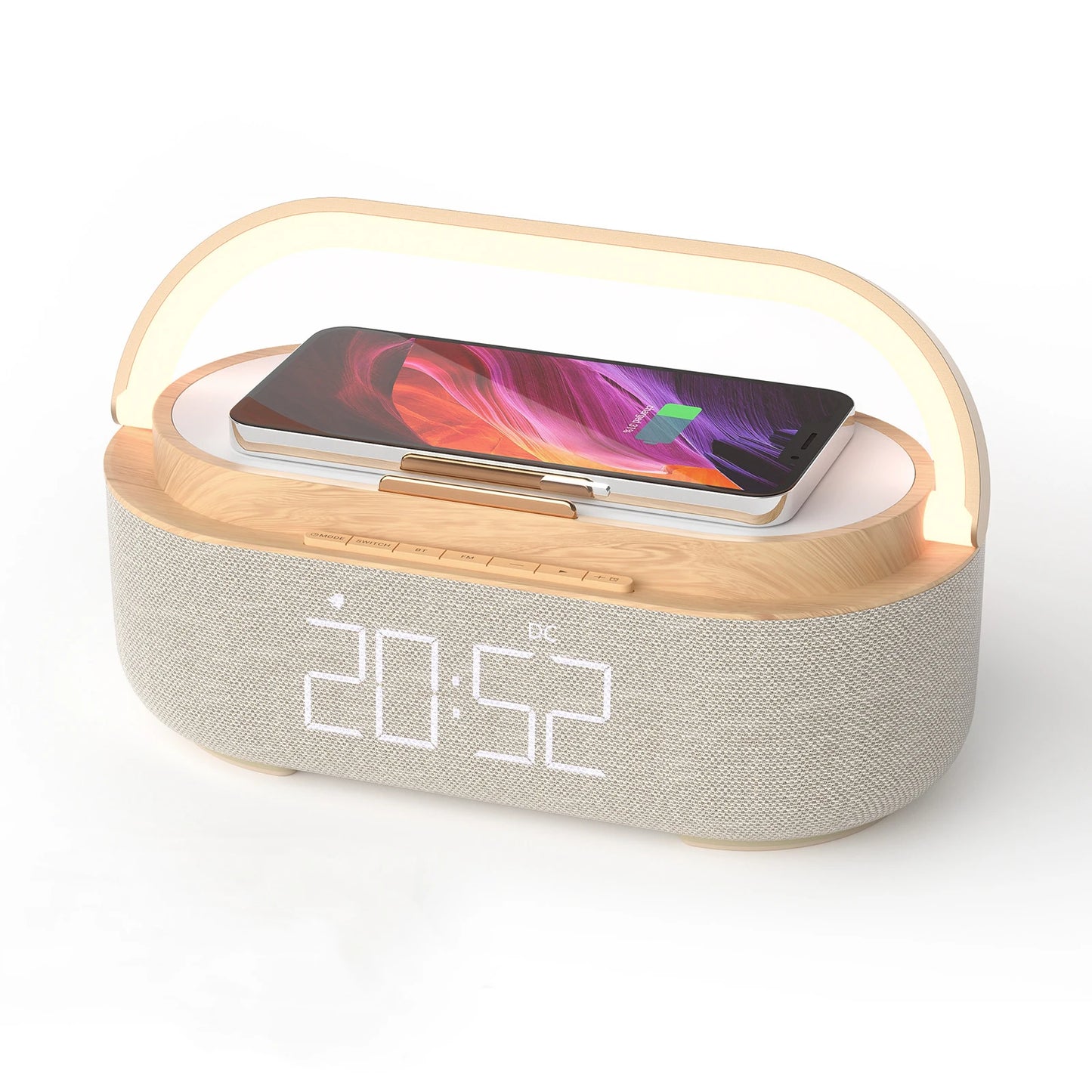2500mAh Bluetooth Speaker with Wireless Charger, FM Radio & Dimmable Light - Portable Dual Speaker for Bedroom, Office & Gifts