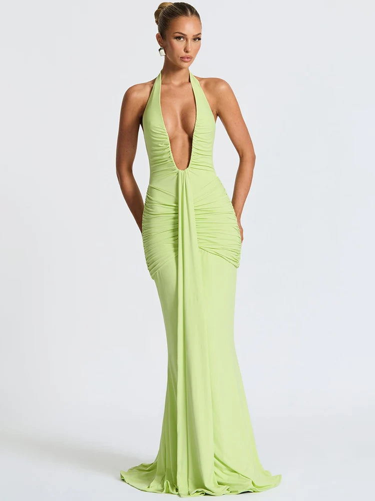 Sexy Maxi Dress Women Sleeveless Draped Robe Elegant Club Party Long Dress