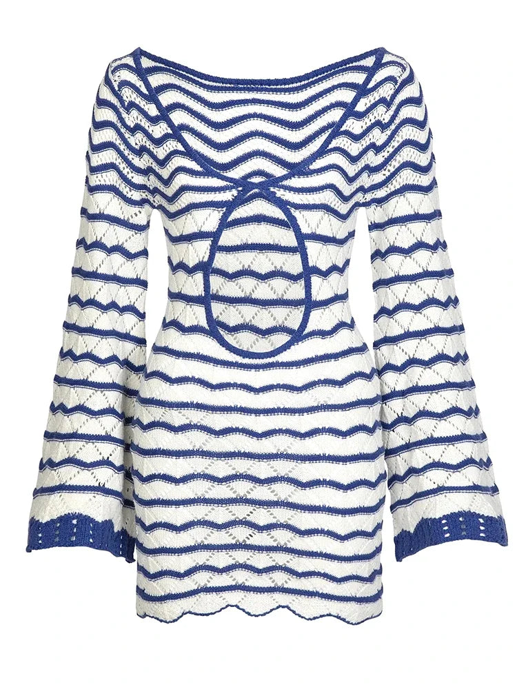 Reto Blue Striped Bell Sleeve Knit Dress Sexy V-neck Cut Out 2025 Summer Women Seaside Holiday Mini A-Line Dresses K123