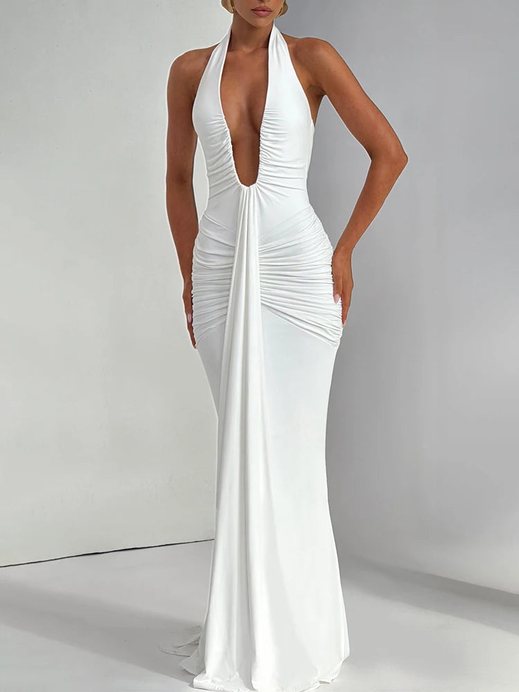 Sexy Maxi Dress Women Sleeveless Draped Robe Elegant Club Party Long Dress