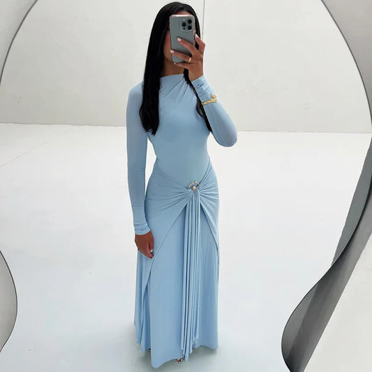Long Sleeve Ruched Sexy Maxi Dress Women Gown Fashion Draped Bodycon Long Dresses Female Solid Clothing