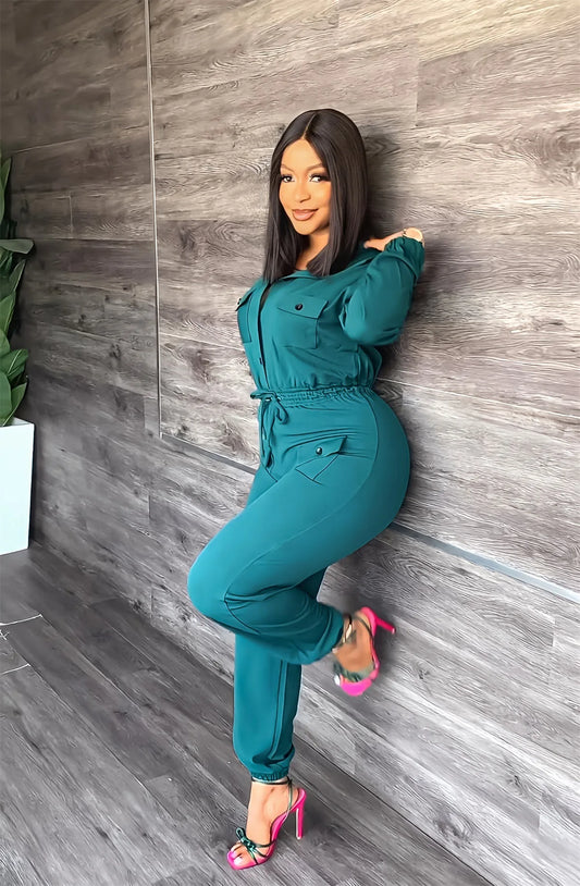 Single Breasted Turn-down Neck Long Sleeve Jumpsuit Streetwear