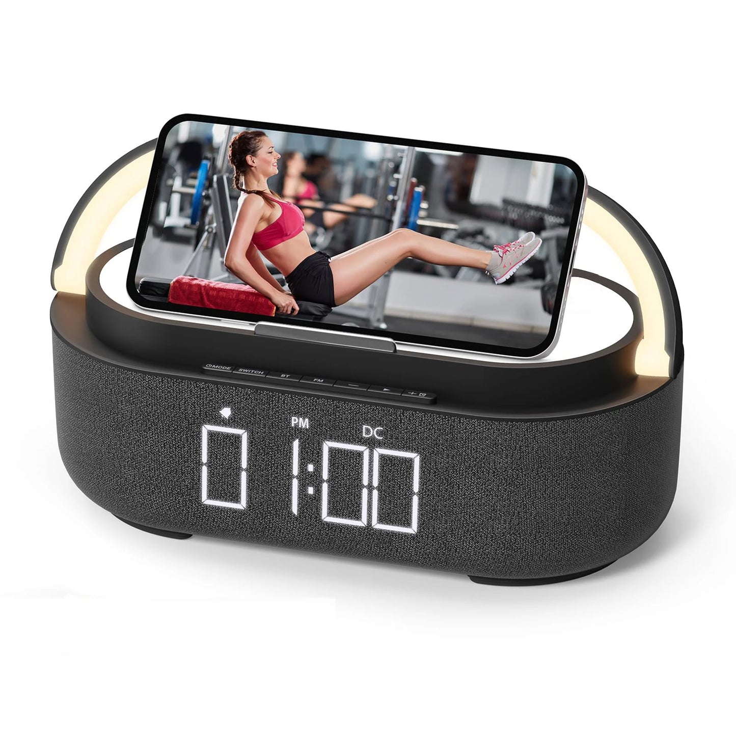 2500mAh Bluetooth Speaker with Wireless Charger, FM Radio & Dimmable Light - Portable Dual Speaker for Bedroom, Office & Gifts