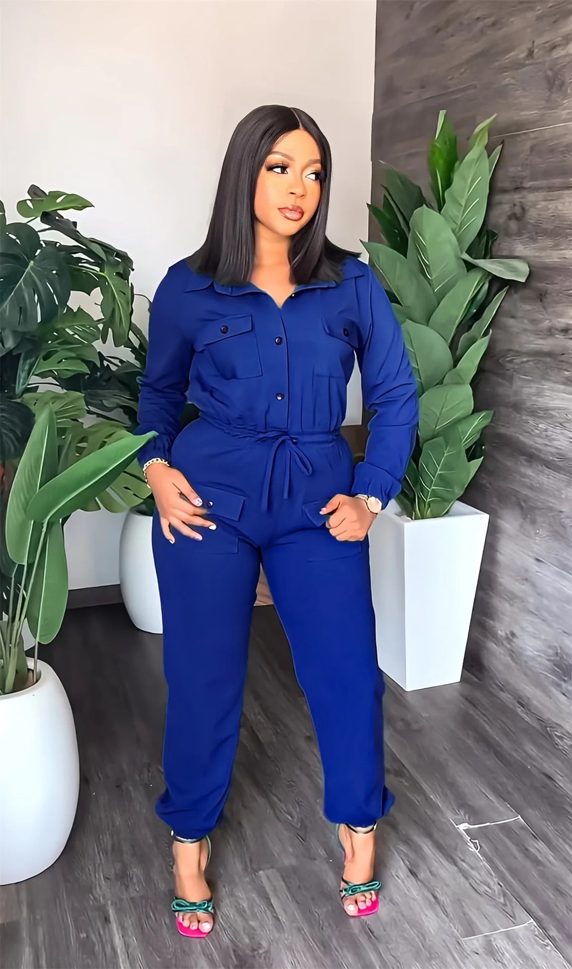 Single Breasted Turn-down Neck Long Sleeve Jumpsuit Streetwear
