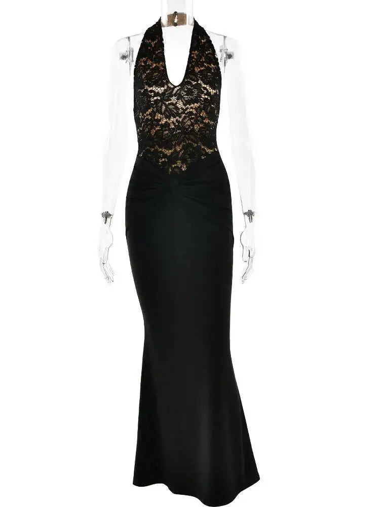 Women Maxi Dress Black Deep V-neck Ruched Autumn Skinny Elegant Party Evening Dress