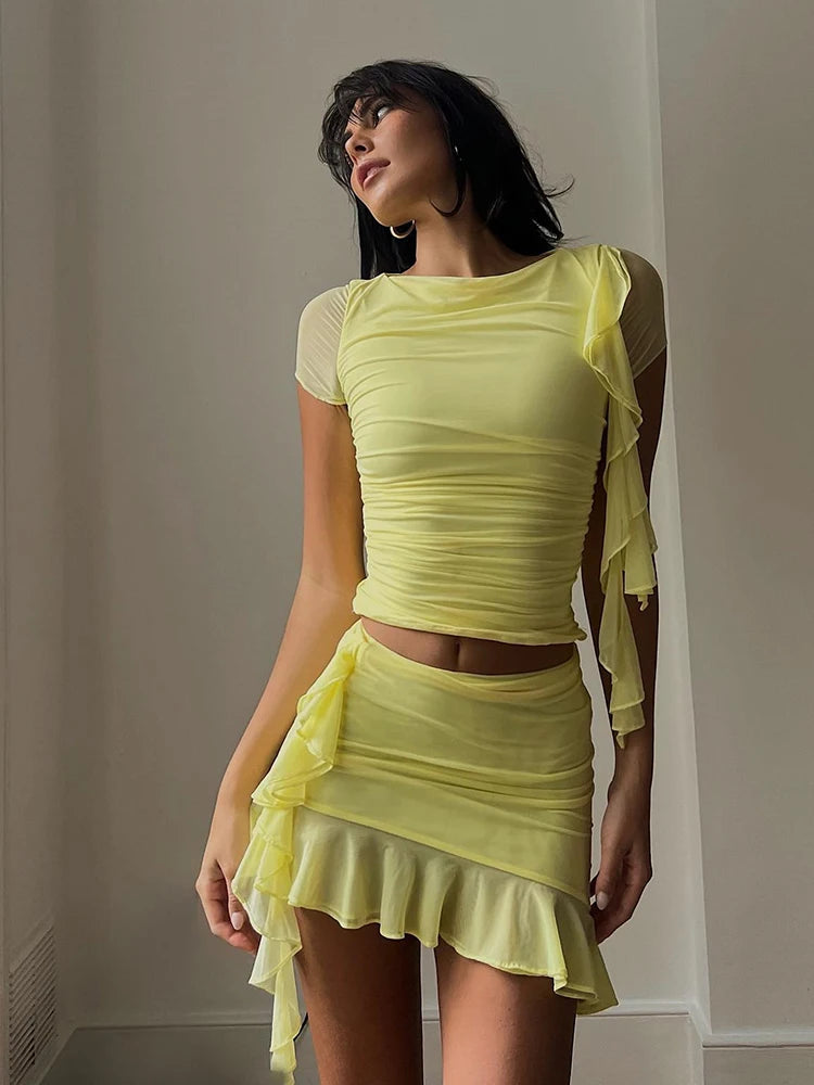 Mesh Double Layer Ruffled Women Two Piece Set Transparent Tight Short Sleeve Top Mini Skirt