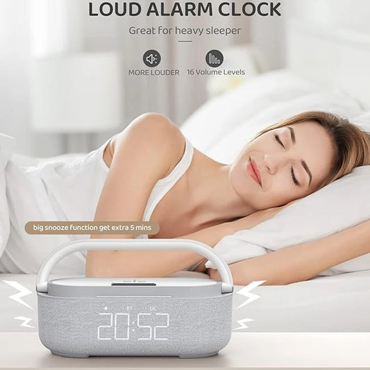 2500mAh Bluetooth Speaker with Wireless Charger, FM Radio & Dimmable Light - Portable Dual Speaker for Bedroom, Office & Gifts