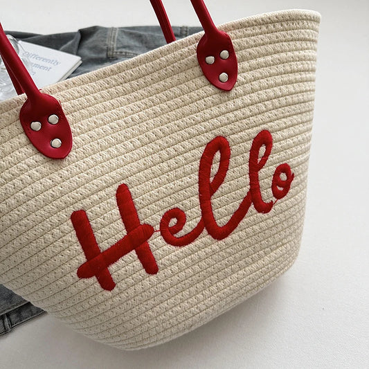 Simple Fashion Big Tote Bags For Women Cotton Fabric Woven Design Letter Embroidered  Luxury Large Capacity Shopper Shoulder Bag