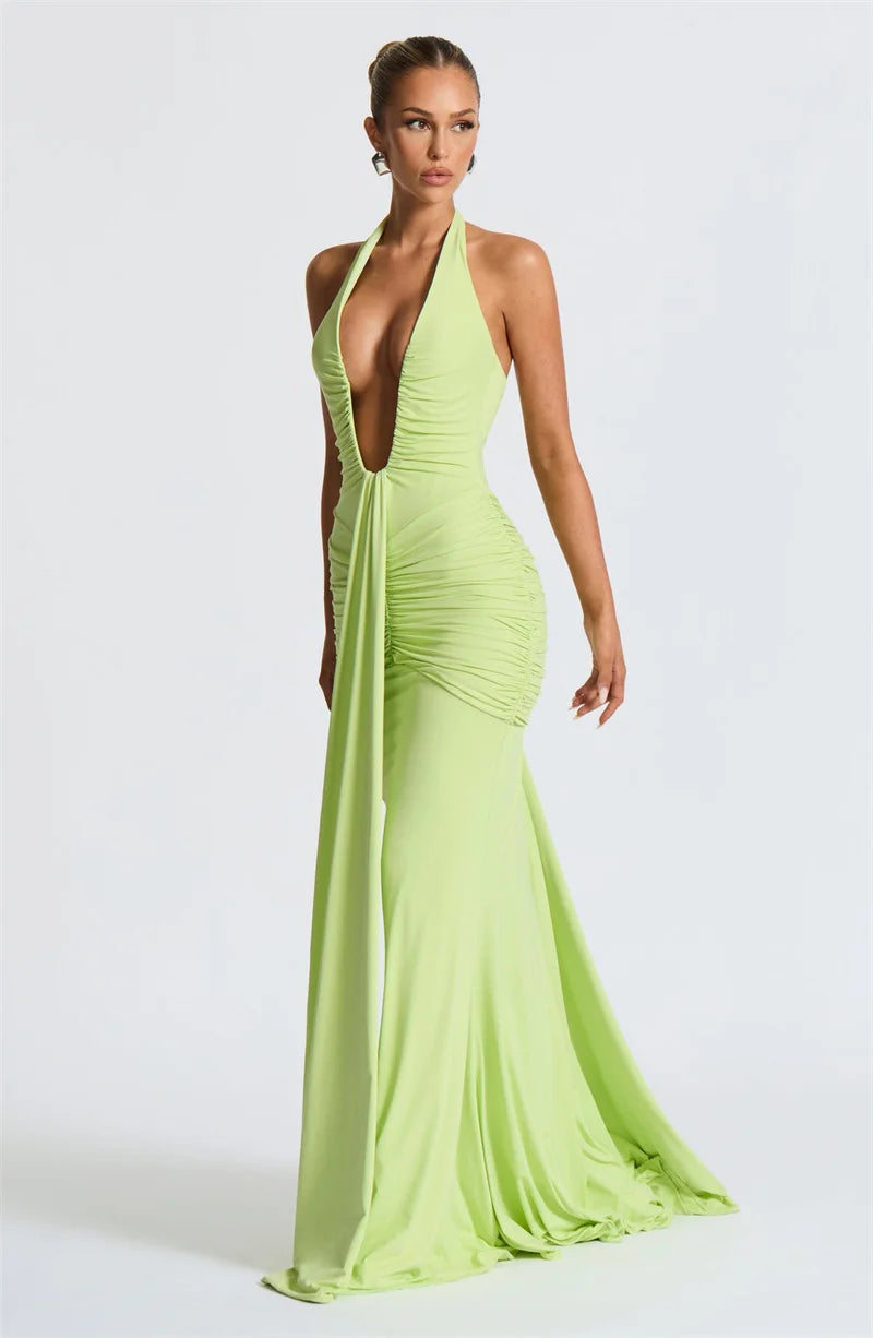 Sexy Maxi Dress Women  Sleeveless Draped Robe Elegant Club Party Long Dress