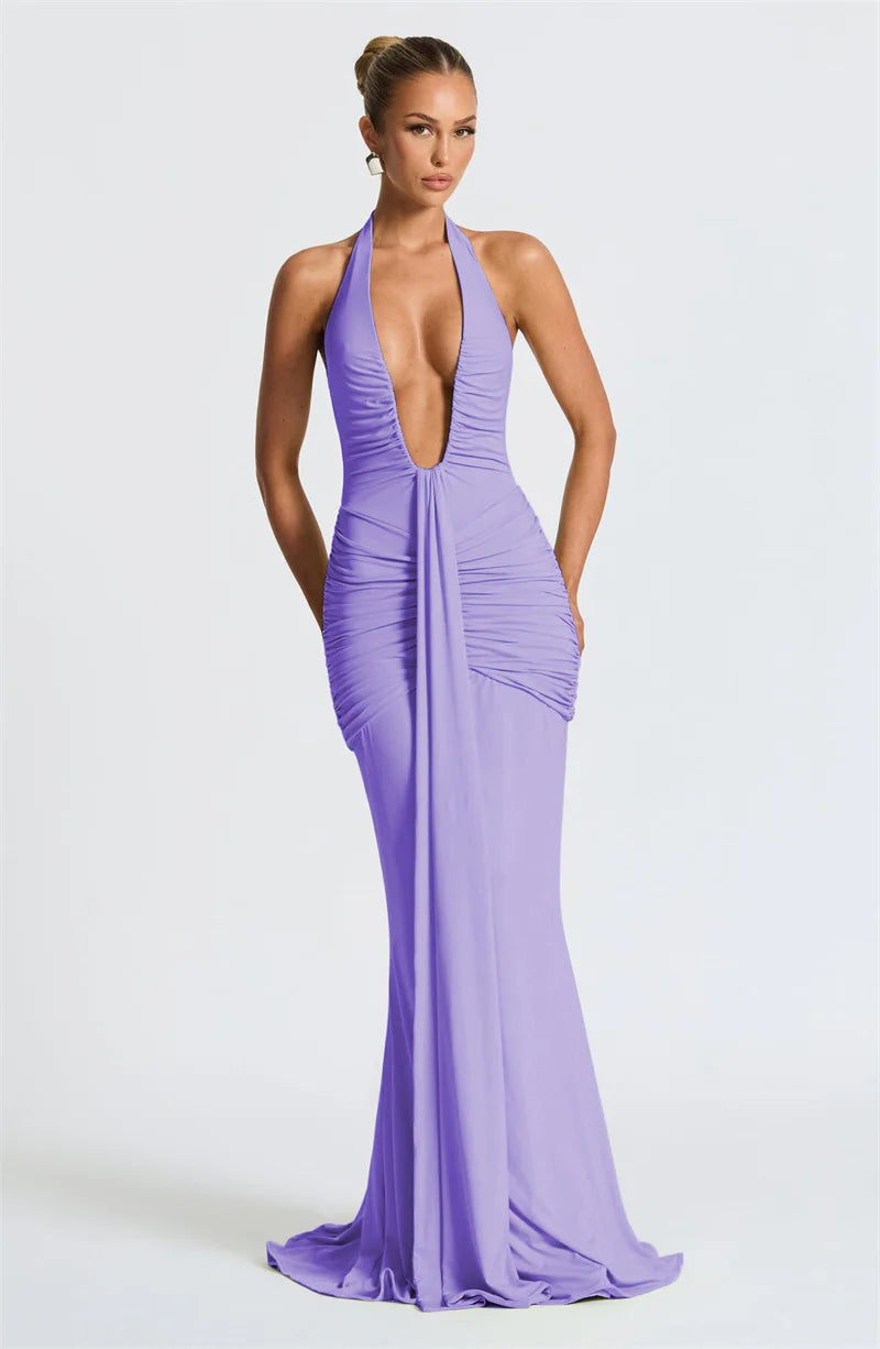 Sexy Maxi Dress Women  Sleeveless Draped Robe Elegant Club Party Long Dress