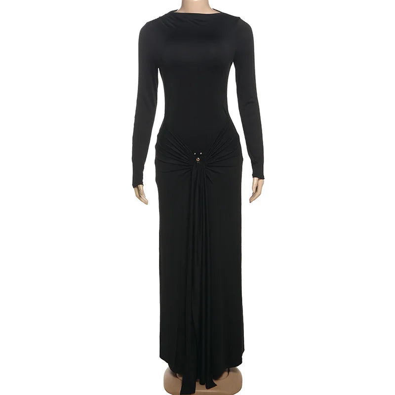 Long Sleeve Ruched Sexy Maxi Dress Women Gown Fashion Draped Bodycon Long Dresses Female Solid Clothing