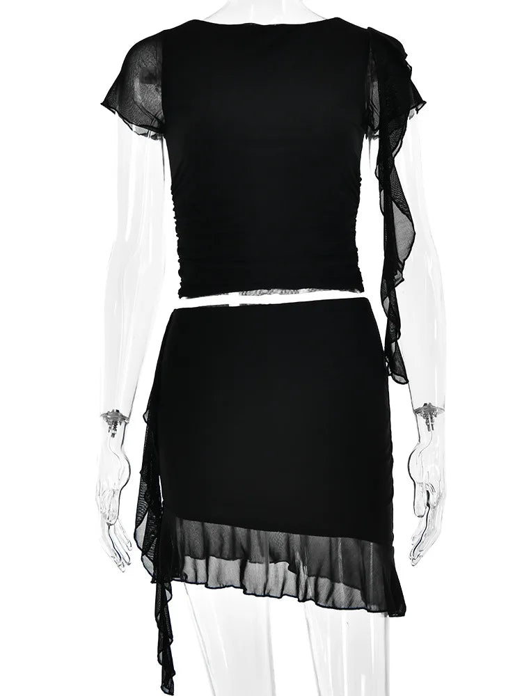 Mesh Double Layer Ruffled Women Two Piece Set Transparent Tight Short Sleeve Top Mini Skirt