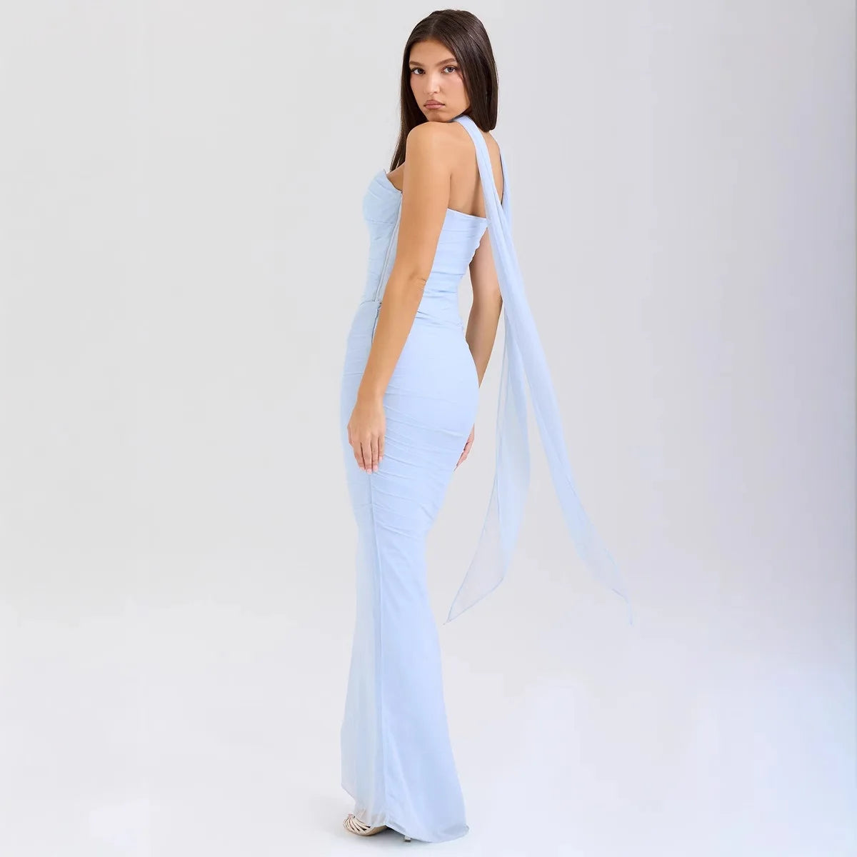 Women's Elegant Style Blue Crop Tube Top & High-Waisted