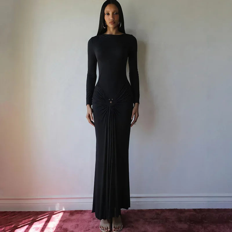 Long Sleeve Ruched Sexy Maxi Dress Women Gown Fashion Draped Bodycon Long Dresses Female Solid Clothing