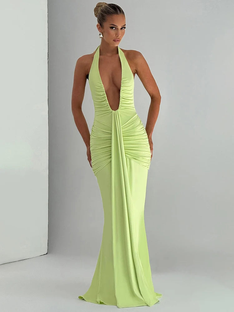 Sexy Maxi Dress Women  Sleeveless Draped Robe Elegant Club Party Long Dress