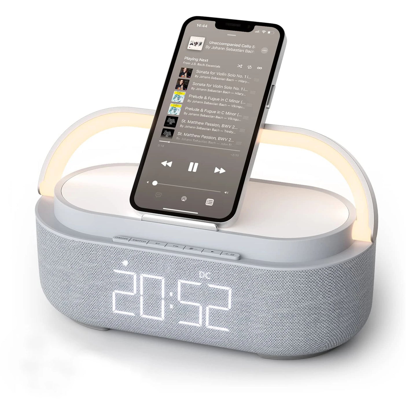 2500mAh Bluetooth Speaker with Wireless Charger, FM Radio & Dimmable Light - Portable Dual Speaker for Bedroom, Office & Gifts