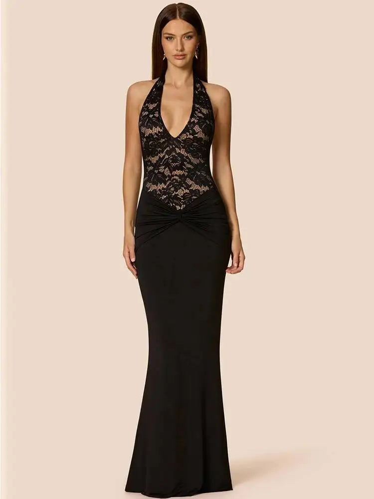 Women Maxi Dress Black Deep V-neck Ruched Autumn Skinny Elegant Party Evening Dress