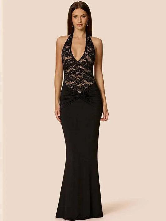 Women Maxi Dress Black Deep V-neck Ruched Autumn Skinny Elegant Party Evening Dress