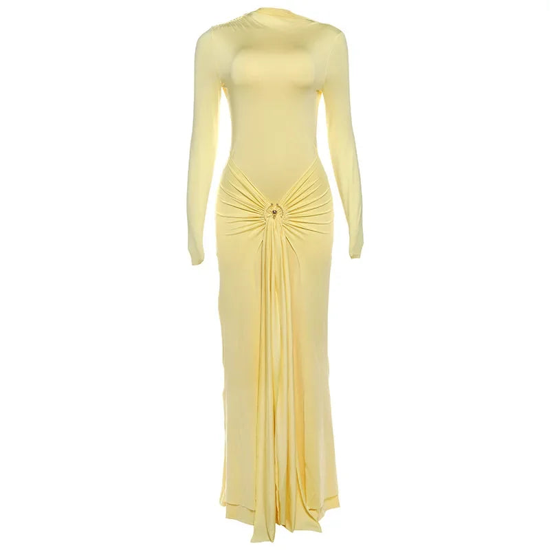 Long Sleeve Ruched Sexy Maxi Dress Women Gown Fashion Draped Bodycon Long Dresses Female Solid Clothing