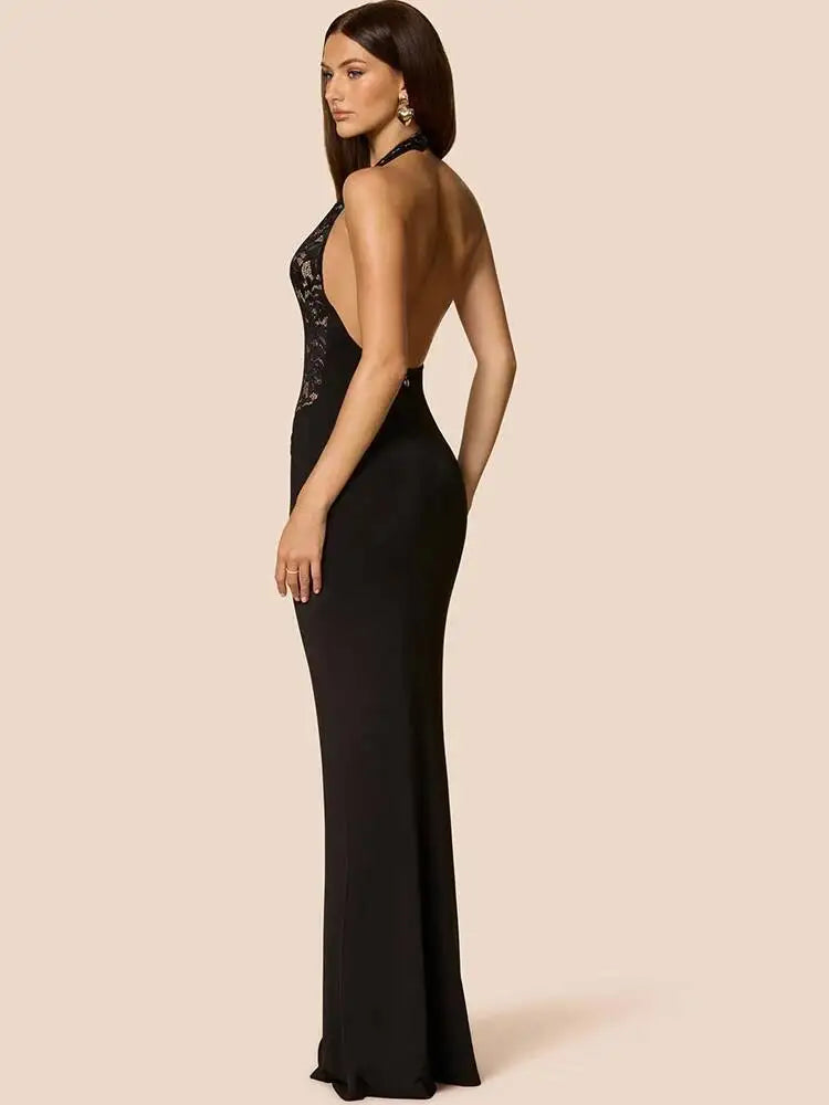 Women Maxi Dress Black Deep V-neck Ruched Autumn Skinny Elegant Party Evening Dress