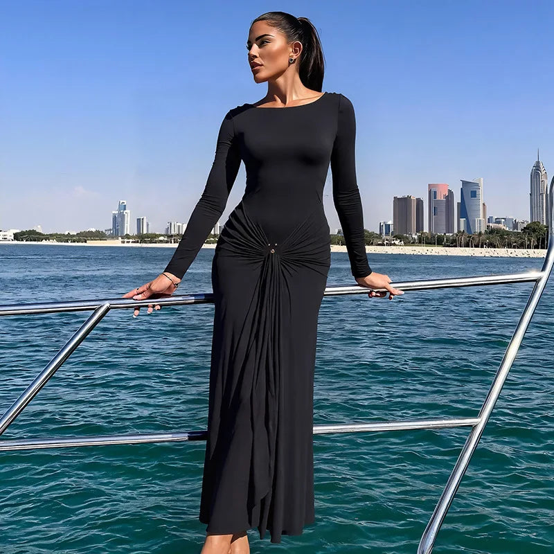 Long Sleeve Ruched Sexy Maxi Dress Women Gown Fashion Draped Bodycon Long Dresses Female Solid Clothing