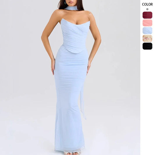 Women's Elegant Style Blue Crop Tube Top & High-Waisted
