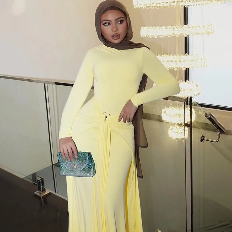 Long Sleeve Ruched Sexy Maxi Dress Women Gown Fashion Draped Bodycon Long Dresses Female Solid Clothing