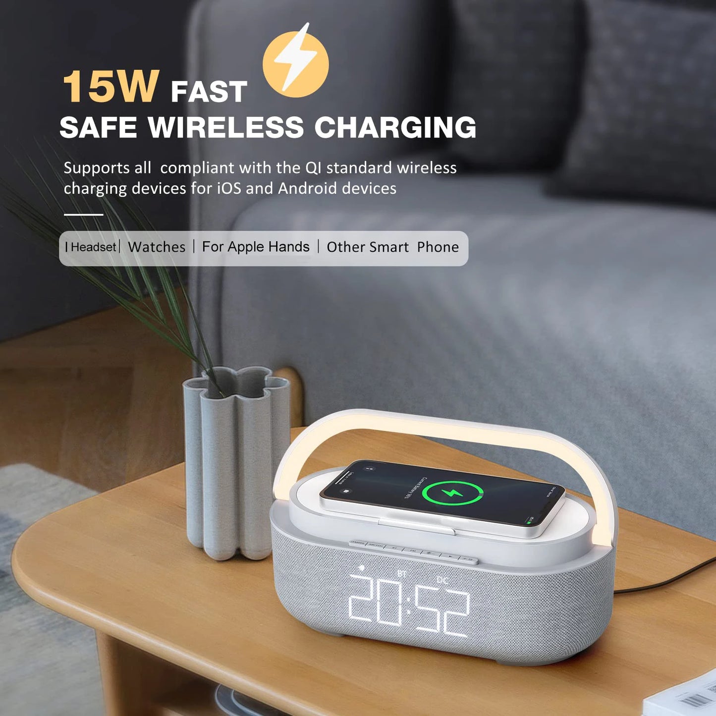 2500mAh Bluetooth Speaker with Wireless Charger, FM Radio & Dimmable Light - Portable Dual Speaker for Bedroom, Office & Gifts