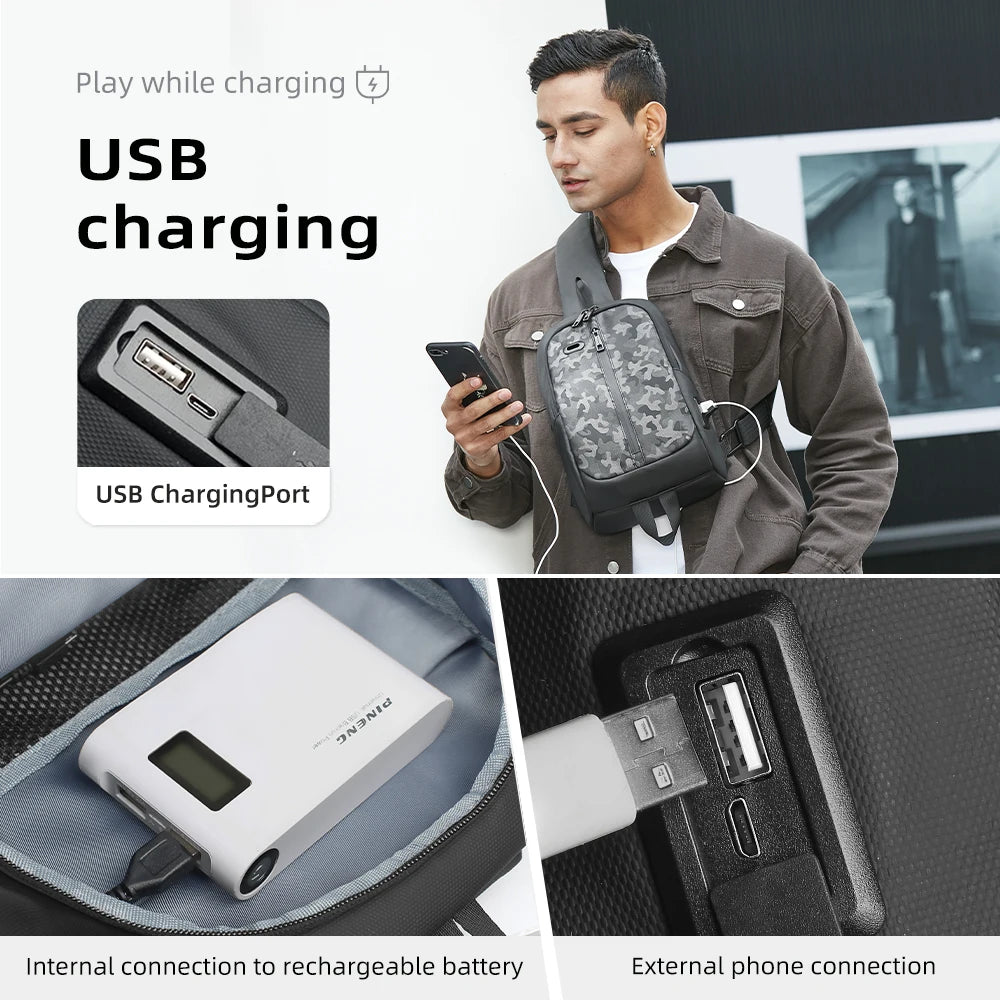 Fashion Camou Men Cycling Chest Bag Fit 11” iPad USB Charging Travel Shoulder Bag Waterproof Running Crossbody Bag