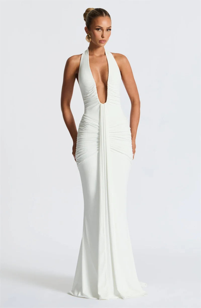 Sexy Maxi Dress Women  Sleeveless Draped Robe Elegant Club Party Long Dress