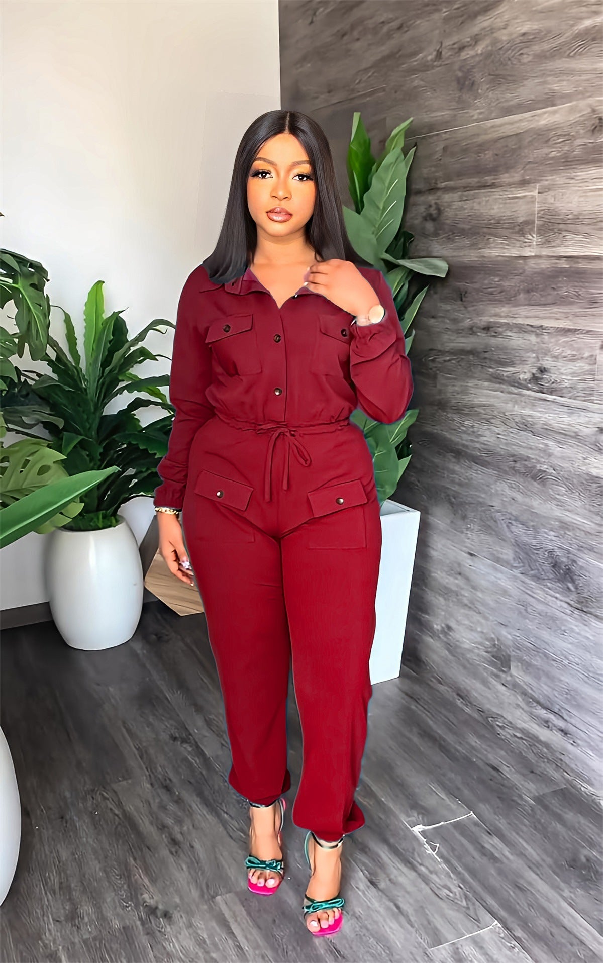 Single Breasted Turn-down Neck Long Sleeve Jumpsuit Streetwear