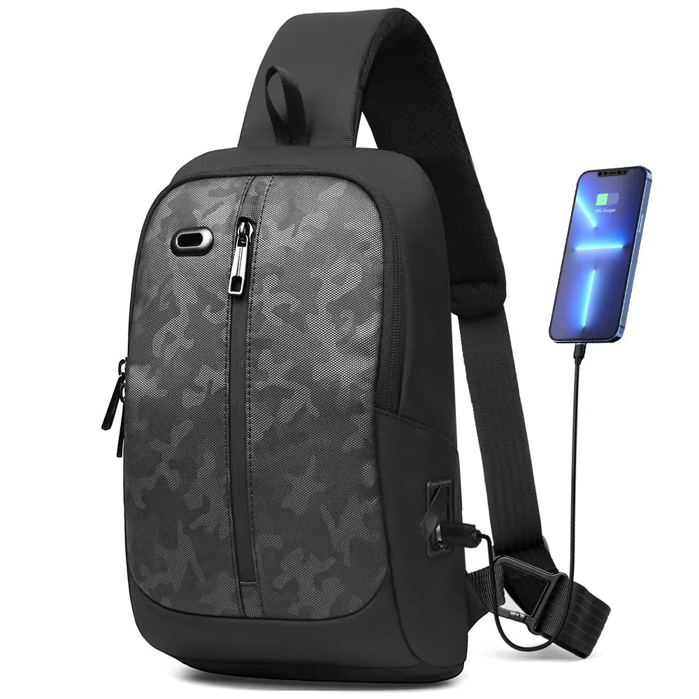 Fashion Camou Men Cycling Chest Bag Fit 11” iPad USB Charging Travel Shoulder Bag Waterproof Running Crossbody Bag