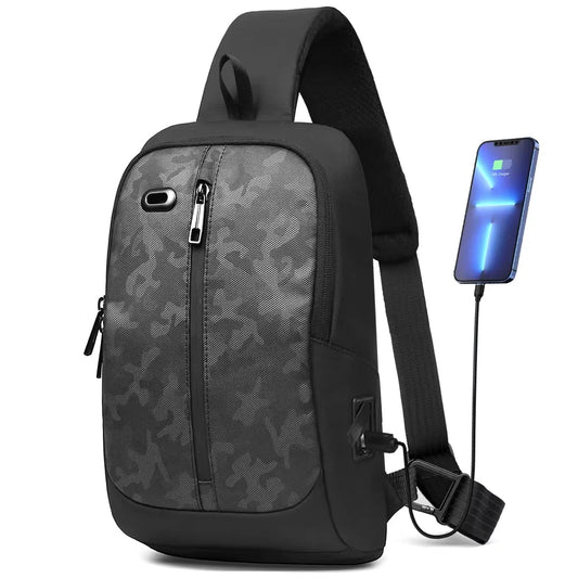 Fashion Camou Men Cycling Chest Bag Fit 11” iPad USB Charging Travel Shoulder Bag Waterproof Running Crossbody Bag