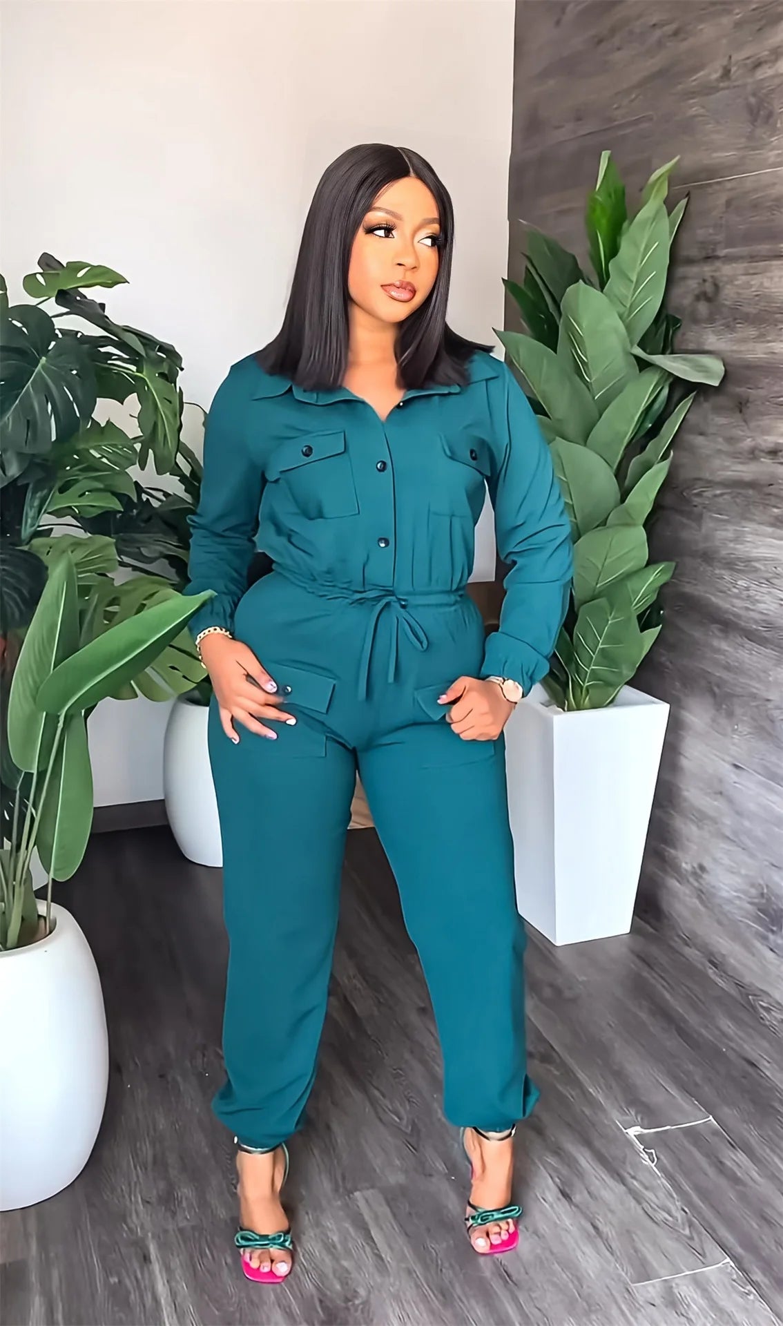 Single Breasted Turn-down Neck Long Sleeve Jumpsuit Streetwear