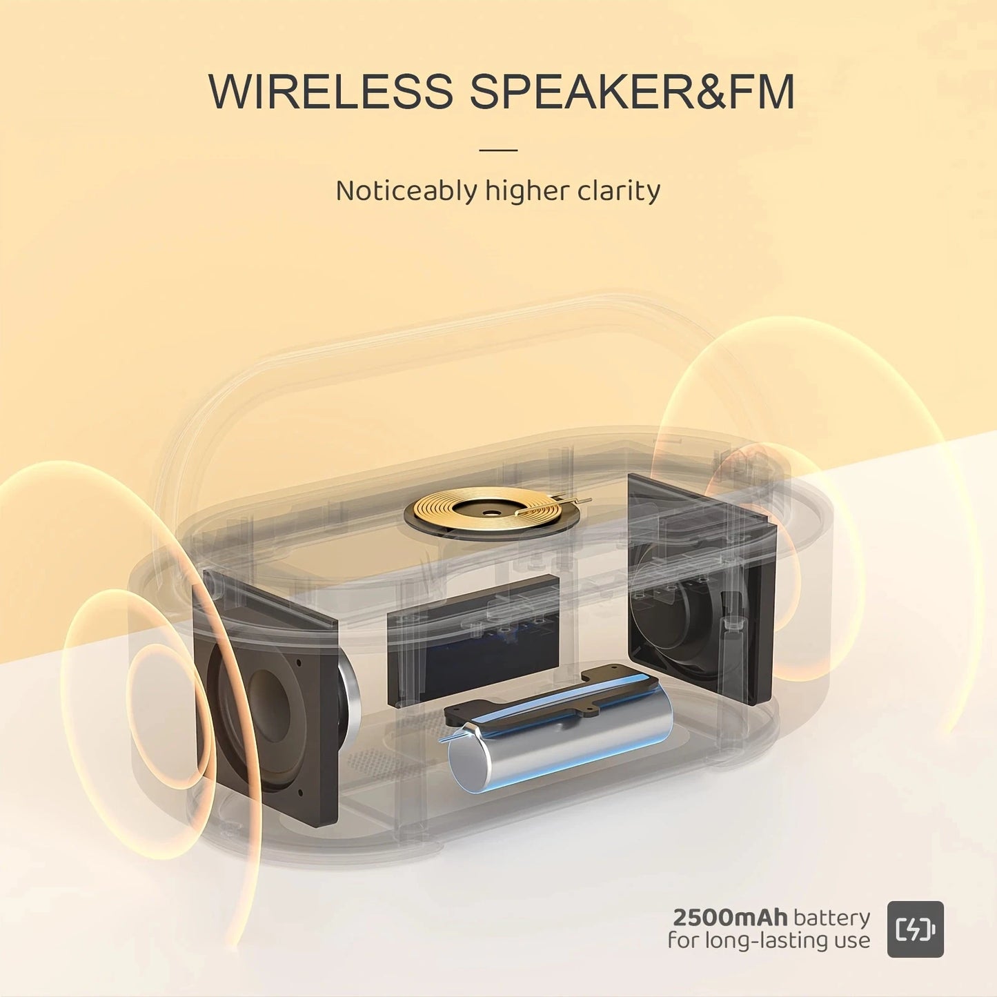 2500mAh Bluetooth Speaker with Wireless Charger, FM Radio & Dimmable Light - Portable Dual Speaker for Bedroom, Office & Gifts